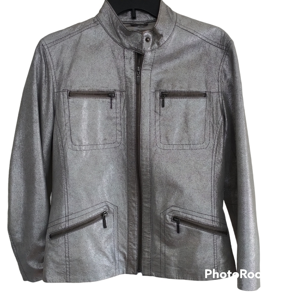 Chico's Silver Metallic Genuine Leather Moto Jacket Chico's 1 (Us 8/10)